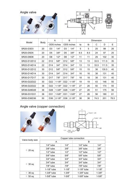 Angle valve Angle valve (copper connection)