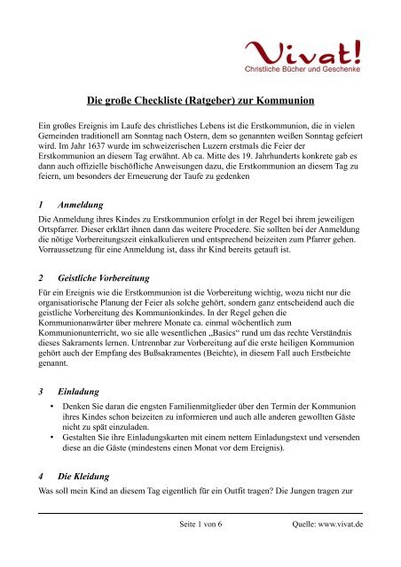 Die groÃŸe Checkliste zur Erstkommunion - Vivat!