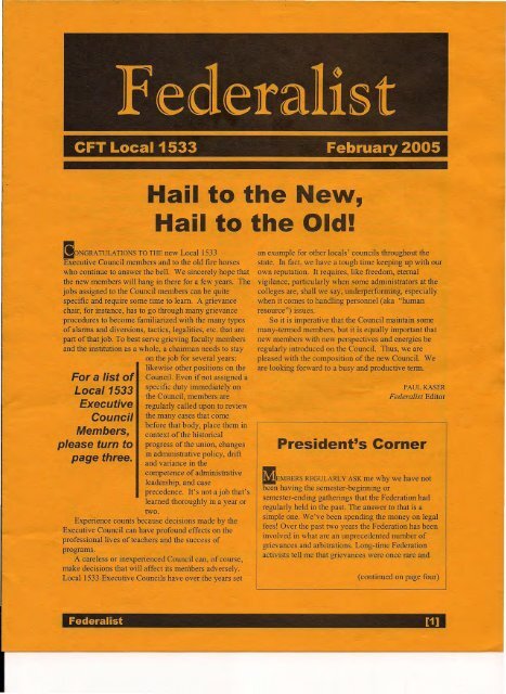 February 2005 Hail to the New, Hail to the Old! - SCFT Local 1533