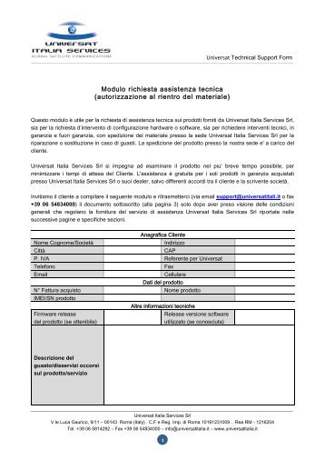 Modulo richiesta assistenza tecnica - Universat Italia Services