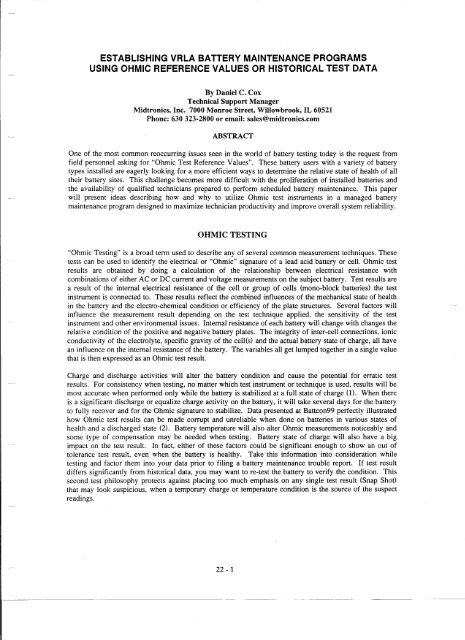 ESTABLISHING VRlA BATTERY MAINTENANCE PROGRAMS ...