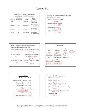 1-2 Writing Algebraic Expressions - Math Slide Show