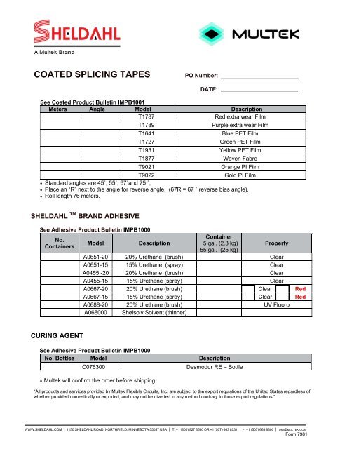 Order form Coated - Sheldahl