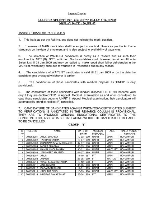 GROUP 'Y' RALLY APR-JUN 07 DISPLAY DATE ... - Indian Airforce