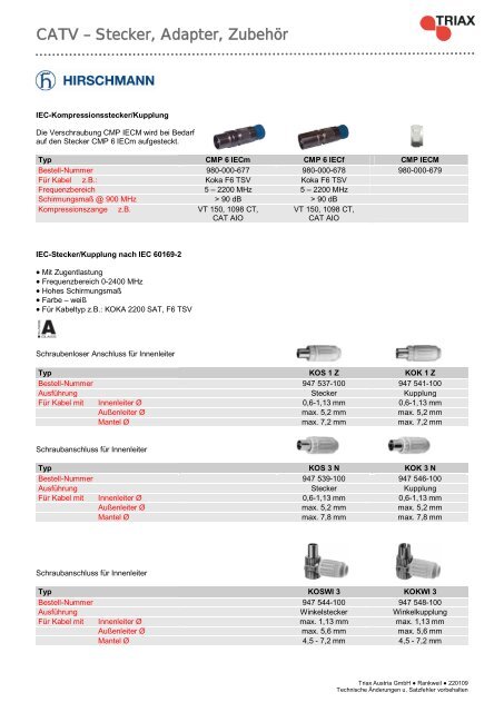 CATV â€“ Stecker, Adapter, ZubehÃ¶r - Triax