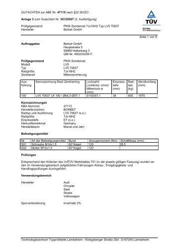 GUTACHTEN zur ABE Nr. 47115 nach Â§22 StVZO ... - A1talk.de