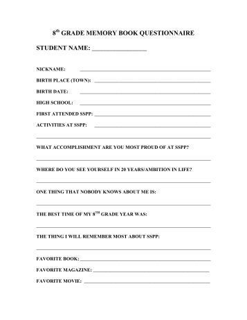 8 grade memory book questionnaire student name