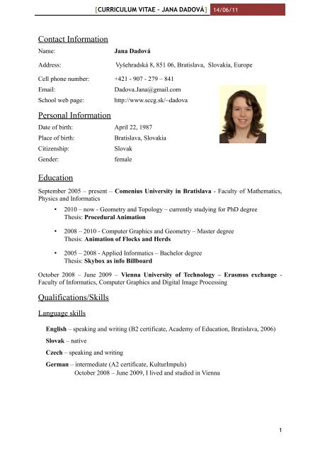 Curriculum vitae â Jana DadovÃ¡ - Spring conference on Computer ...