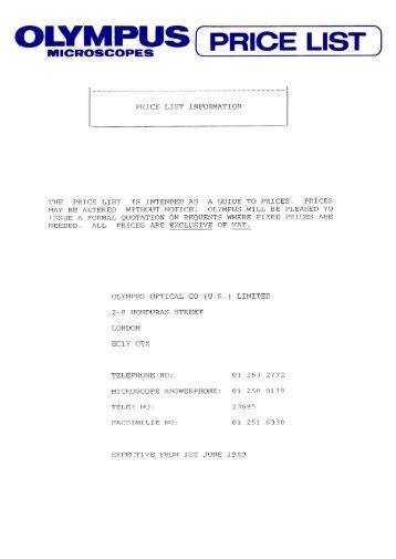Olympus UK 1989 price list - microscope outfits