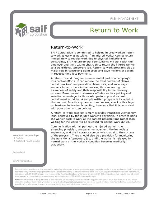 Toolbox: Return-to-Work - SAIF Corporation