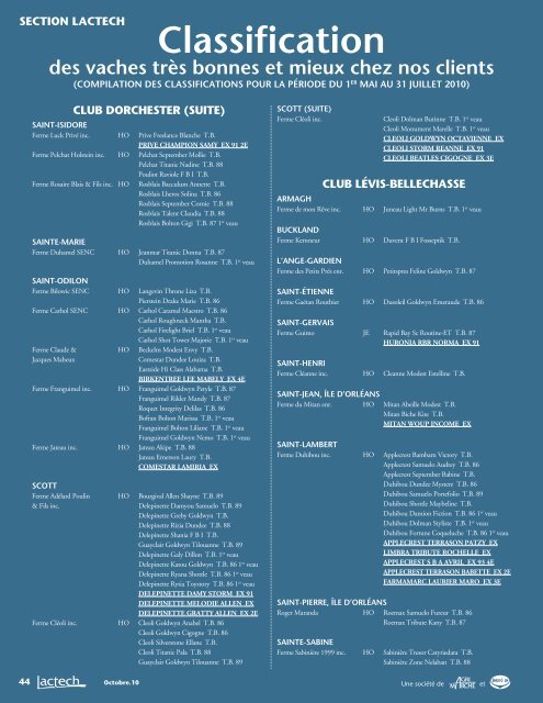 Classification des vaches trÄs bonnes et mieux chez nos clients