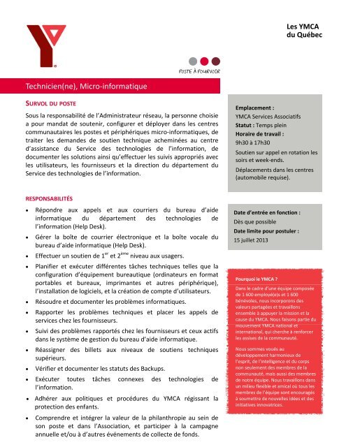 SA - Technicien(ne), Micro-informatique - Temps plein ... - YMCA