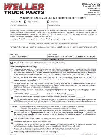 Wisconsin Tax Exemption Form - weller truck parts