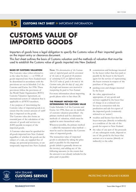 Fact Sheet 15 - Customs value of imported goods - New Zealand ...