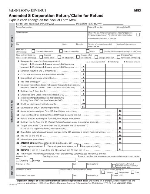 M8x Amended S Corporation Return Claim For Refund Minnesota