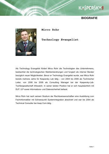 Mirco Rohr Technology Evangelist BIOGRAFIE - Kaspersky Lab ...