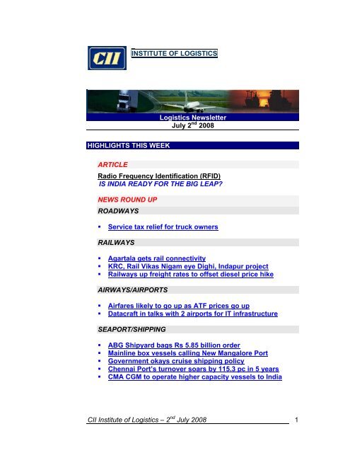 CIIL Weekly Logistics Newsletter CII Institute of Logistics â 2nd July ...