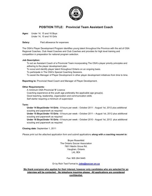 Job Posting - Team Assistant Coach Description and Application 2011