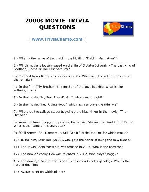2000s Movie Trivia Questions Trivia Champ