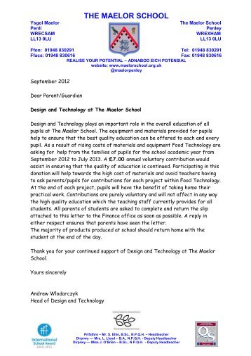 Food Technology contribution letter - The Maelor School