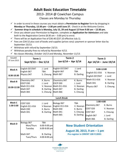 Career and Academic Preparation Timetable