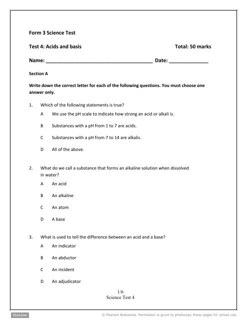 Form 3 Science Test Test 4: Acids and basis Total: 50 ... - Pearson