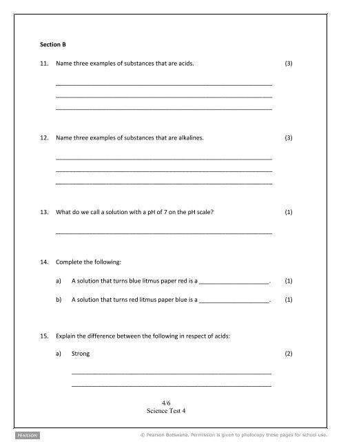 Form 3 Science Test Test 4: Acids and basis Total: 50 ... - Pearson