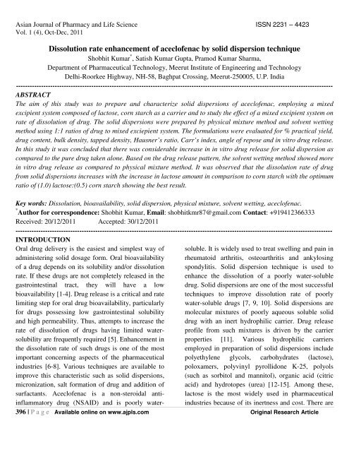 Dissolution rate enhancement of aceclofenac by solid dispersion ...