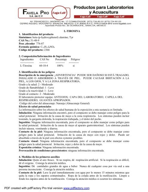 L-TIROSINA 1. Identification del producto Sinónimos: beta-(p ...