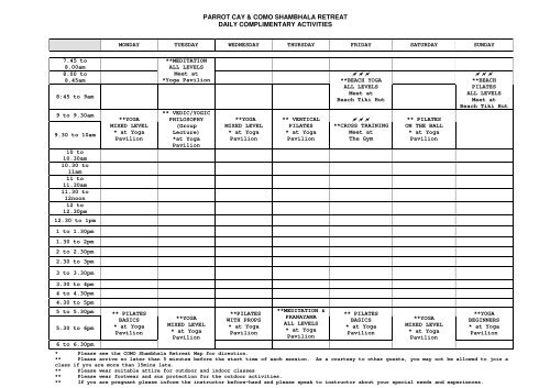 Parrot Cay Activity Schedule - COMO Hotels and Resorts