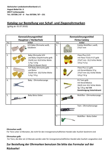 Katalog zur Bestellung von Schaf- und Ziegenohrmarken