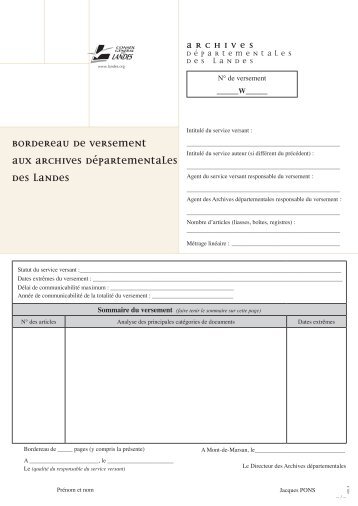 BORDEREAu DE VERSEMENT - Archives départementales des ...