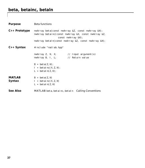 MATLAB C++ Math Library Reference