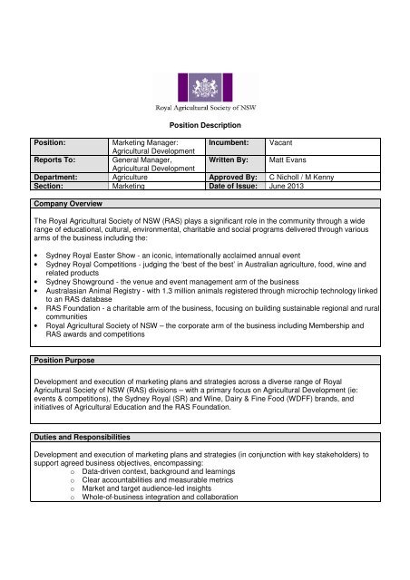 Position Description Position: Marketing Manager: Agricultural ...
