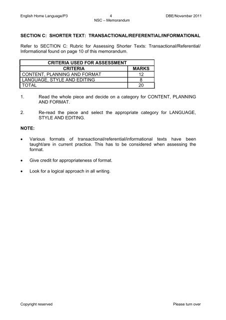 English HL Grade 12 Paper 3 2011 â Memo