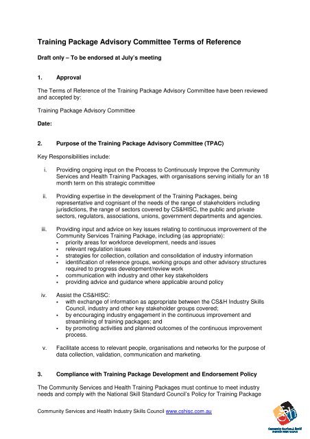 Training package advisory committee terms of reference