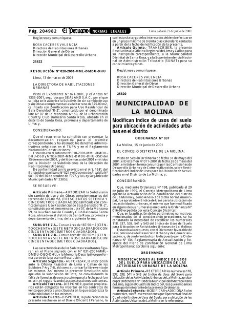 ORDENANZA NÂº 037 - Municipalidad de La Molina