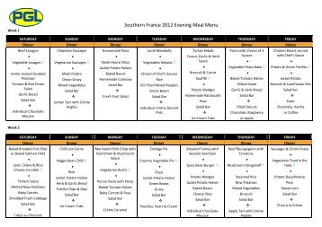 Sample dinner menu - PGL