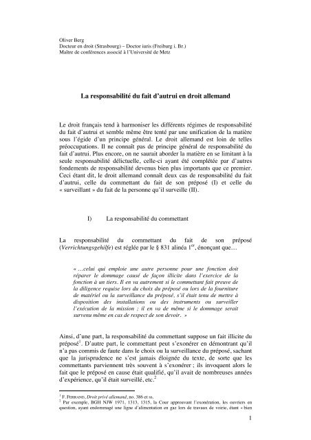 La responsabilitÃ© du fait d'autrui en droit allemand - Grerca