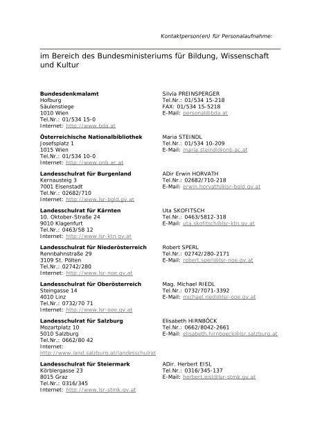 Liste von Ansprechstellen fÃ¼r Aufnahmen in den Bundesdienst