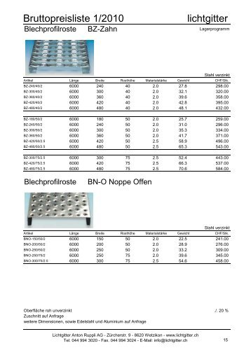 Preisliste Lagerprogramm - Lichtgitter Anton Ruppli AG