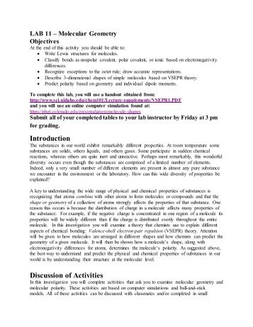 LAB 11 Molecular Geometry Objectives
