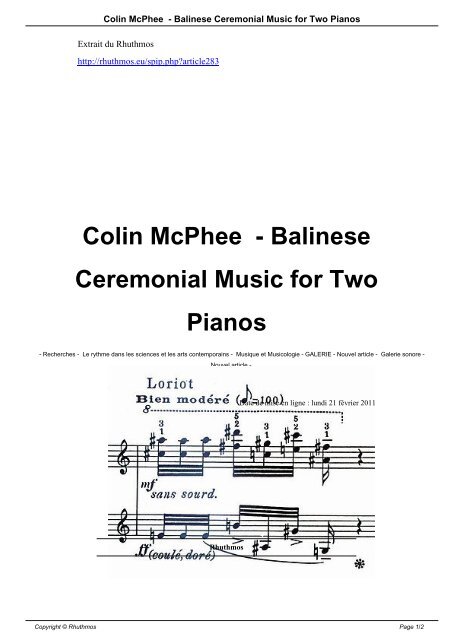 Colin McPhee - Balinese Ceremonial Music for Two ... - Rhuthmos