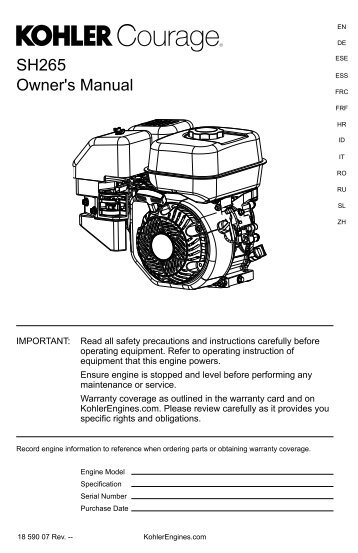 SH265 Owner's Manual - Kohler Engines