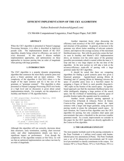 EFFICIENT IMPLEMENTATION OF THE CKY ALGORITHM Nathan ...