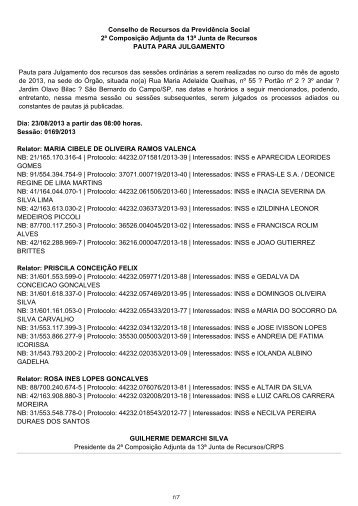 Pauta de julgamento 169 a 177 - MinistÃ©rio da PrevidÃªncia Social