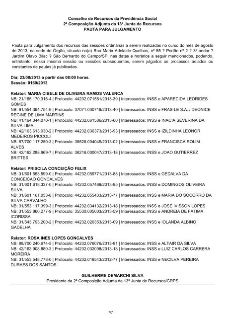 Pauta de julgamento 169 a 177 - MinistÃ©rio da PrevidÃªncia Social