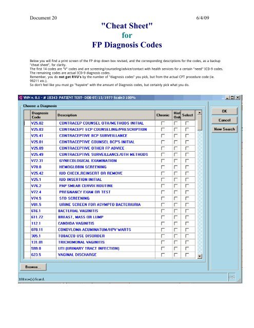 "Cheat Sheet" for FP Diagnosis Codes - District 2 Public Health