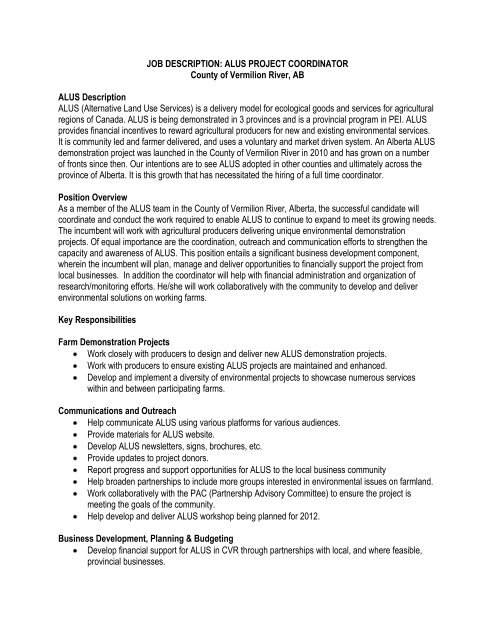 Job Description Alus Project Coordinator