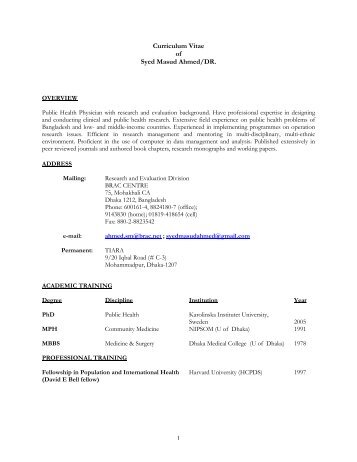 Curriculum Vitae of Syed Masud Ahmed/DR. - BRAC Research and ...